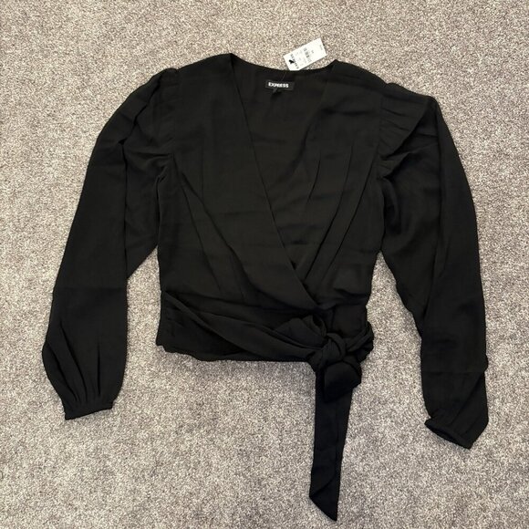 Express Women's Tie Waist Top Size XS Black V-Neck Faux Wrap Sheer Sleeve NWT$54 - Picture 7 of 16